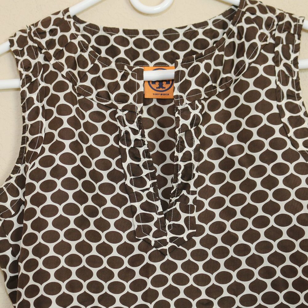 Tory Burch Silk Blouse Sleeveless Top Brown Print Popover Designer Size 2 - Picture 2 of 4